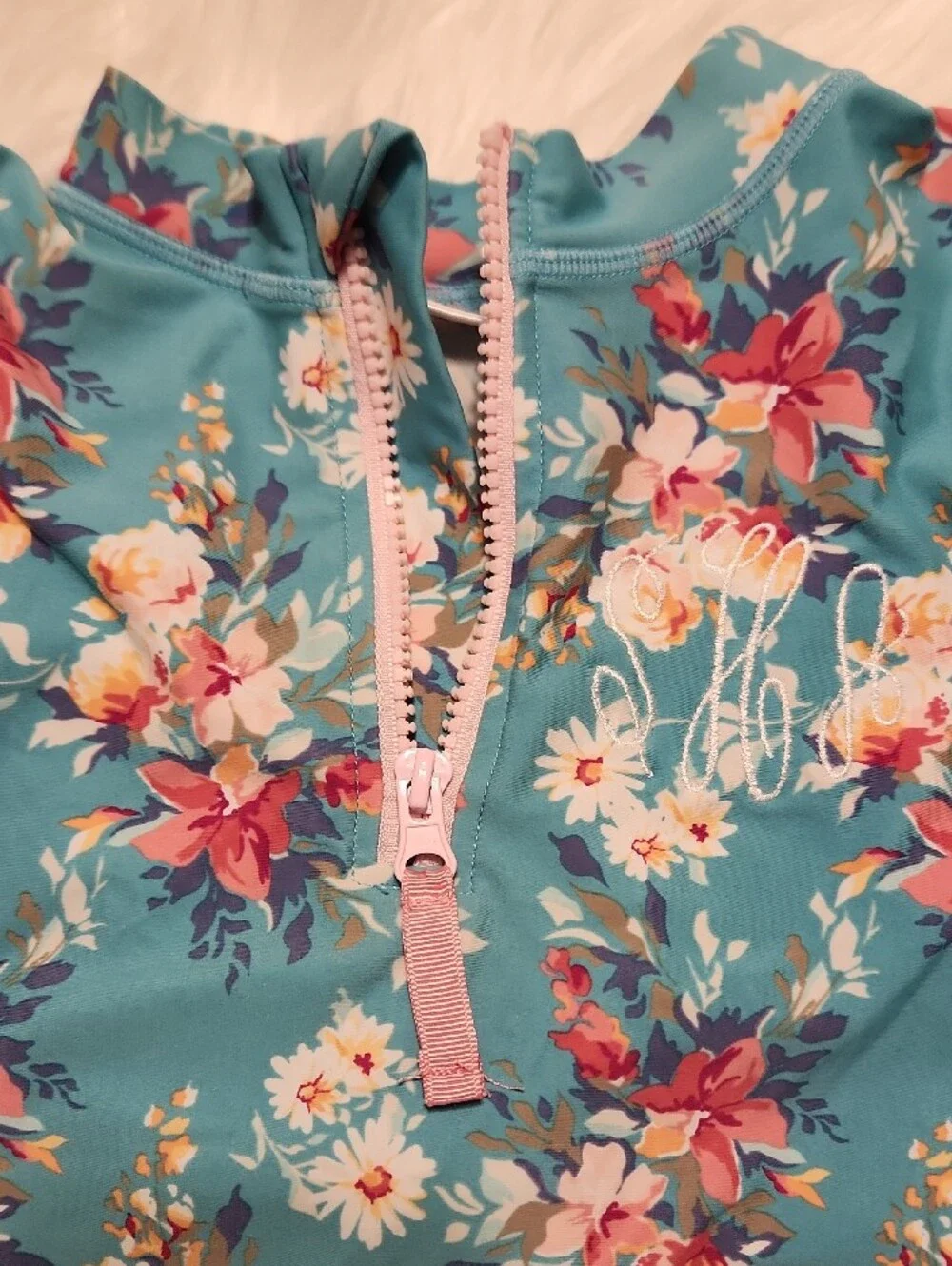 Ruffle Butts Teal Floral Kids Swim Rashguard - Girls Size 4T - Ruffle Butts